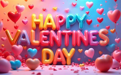 4k, 해피 발렌타인 데이, 다채로운 3d 문자, 화려한 배경, 발렌타인 데이 인사말, 2월 14일, 사랑 개념, 화려한 3d 하트, 해피 발렌타인 데이 비문