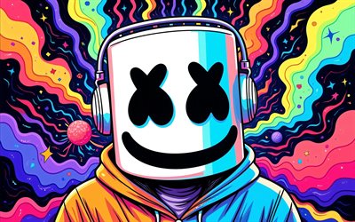 4k, dj marshmello, värikkäät abstraktit aallot, christopher comstock, dj konsoli, marshmello naamio, musiikin tähdet, suosittuja laulajia, kuulokkeet, amerikkalainen dj, supertähtiä, marshmello, dj:t, marshmello 4k