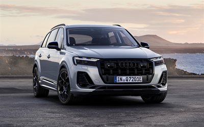 4k, audi q7, 2026, vista frontal, exterior, audi q7 prata, novo audi q7 2026, grade dianteira preta audi q7, carros alemães, audi
