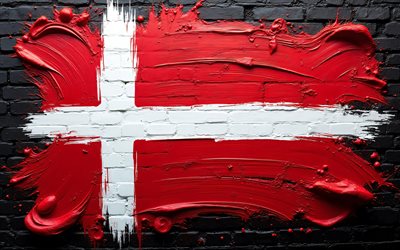 4k, bandera de dinamarca, arte 3d, europa, pared de ladrillo negro, pintar arte, bandera danesa, salpicaduras de pintura, creativo, símbolos nacionales daneses, bandera 3d de dinamarca, dinamarca
