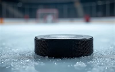4k, rondelle de hockey, bokeh, stade de hockey, glace, gros plan, stade de glace, hockey, équipement sportif, projecteurs, fond, à, rondelle, notions de hockey, macro de rondelle de hockey