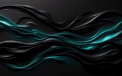 Turquoise waves on a black background, 4K, 3D waves background, black and turquoise waves background, turquoise 3D creative background, black waves background