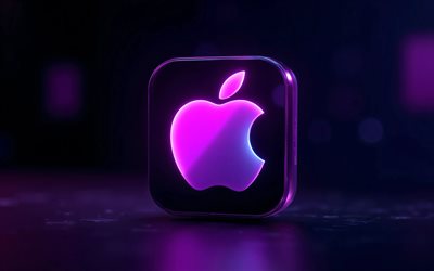 apple metalllogo, 4k, dunkelheit, dunkelviolette hintergründe, leuchtendes apple logo, lila neon logo von apple, kunstwerk, apple logo, elektronikmarken, apfel