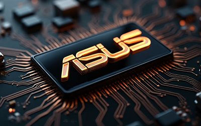 goldenes asus logo, 3d chip an bord, asus emblem, asus logo, schwarzer technologiehintergrund, asus 3d logo, asus symbol, asus