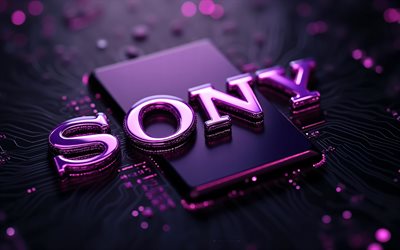 logo violet sony, 4k, carte mère violette, logo en verre violet sony, emblème sony, signe sony, logo sony, fond de technologie violet, sony