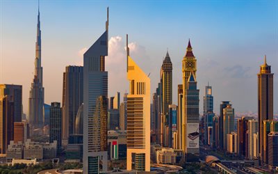 दुबई, गगनचुंबी इमारतों, शाम, डाउनटाउन दुबई, बुर्ज खलीफा, जुमेरा अमीरात टावर्स, संयुक्त अरब अमीरात, दुबई क्षितिज, दुबई शहर का दृश्य, अल याकूब टॉवर