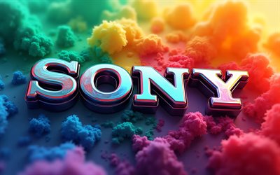 4k, logo métallique sony, bokeh, vagues 3d colorées, oeuvre d'art, marques d'électronique, créatif, fond abstrait coloré, logo sony 3d, marques, logo sony, sony