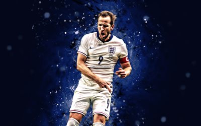 Harry Kane, 4k, joy, blue neon lights, England national football team, UEFA, english footballers, Harry Kane 4K, football, soccer, national teams, Harry Kane England Team