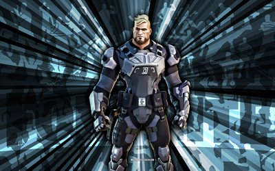 4k, gunnar, blå strålar bakgrund, gunnar skin, gunnar fortnite, abstrakt konst, fortnite gunnar skin, fortnite karaktärer, fortnite, skapande konst