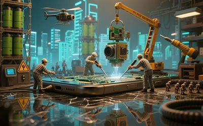 Smartphone repair, smartphone parts replacement, broken smartphone camera replacement, digital equipment repair, workers repairing smartphones, smartphone production concepts