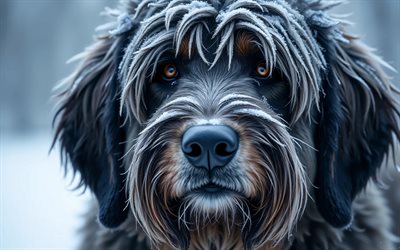 4k, perro pastor bergamasco, bokeh, invierno, perros, bozal, animales lindos, mascotas, perro en el bosque