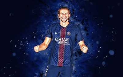 4k, Ilya Zabarnyi, creative, blue neon lights, Paris Saint-Germain, Ligue 1, Ukrainian footballers, Ilya Zabarnyi 4K, football, soccer, PSG, Ilya Zabarnyi PSG