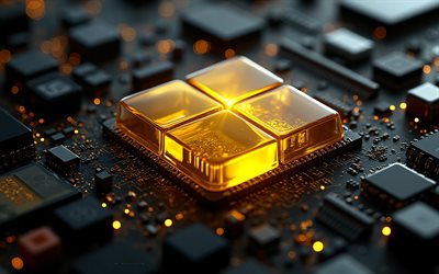 gelb leuchtendes windows 11 logo, 4k, gelb leuchtendes microsoft logo, schwarzes mainboard, windows 11 logo, windows 11 emblem, windows 11 zeichen, schwarzer technologiehintergrund, windows logo, windows 11, windows