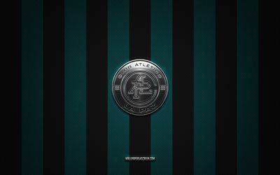 Atletico La Paz logo, Mexican football club, Liga de Expansion MX, turquoise black carbon background, Atletico La Paz emblem, football, Atletico La Paz, Mexico
