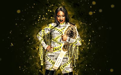 naomi, 4k, gelbe neonlichter, wwe, kreativ, amerikanischer wrestler, trinity lashawn fatu, naomi mit gürtel, gelber abstrakter hintergrund, world wrestling entertainment, ringer, naomi 4k