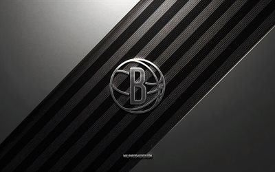 Brooklyn Nets logo, 4k, steel background, American basketball club, black white lines, Brooklyn Nets emblem, NBA, basketball, Brooklyn Nets, USA, Brooklyn Nets metal logo, Brooklyn Nets crest