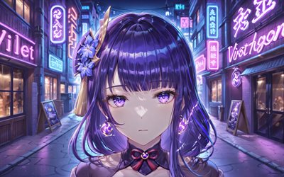 4k, shogun raiden, calle, noche, impacto de genshin, letreros de neón violetas, personajes de anime, personajes de impacto de genshin, raiden shogun genshin impacto