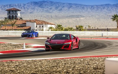 Acura NSX, pista de carreras, 2017, supercars, rojo, azul