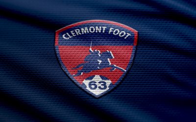 clermont foot 63 fabric logo, 4k, blauer stoffhintergrund, ligue 1, bokeh, fußball, clermont foot 63 logo, clermont foot 63 emblem, clermont foot 63, französischer fußballverein, clermont foot 63 fc