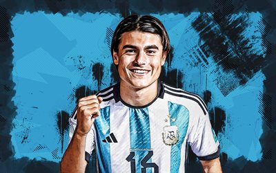 4k, Luka Romero, grunge art, Argentina National Football Team, soccer, footballers, blue grunge background, Argentinean football team, Luka Romero 4K