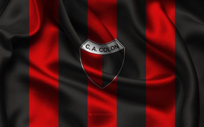4k, Club Atletico Colon logo, black red silk fabric, Argentina football team, Club Atletico Colon emblem, Argentina Primera Division, Club Atletico Colon, Argentina, football, Club Atletico Colon flag, soccer, Colon FC