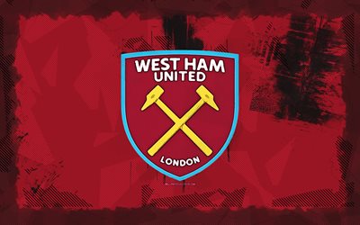 west ham united grunge  logo, 4k, premier league, lila grunge  hintergrund, fußball, west ham united emblem, west ham united logo, englischer fußballverein, west ham united fc