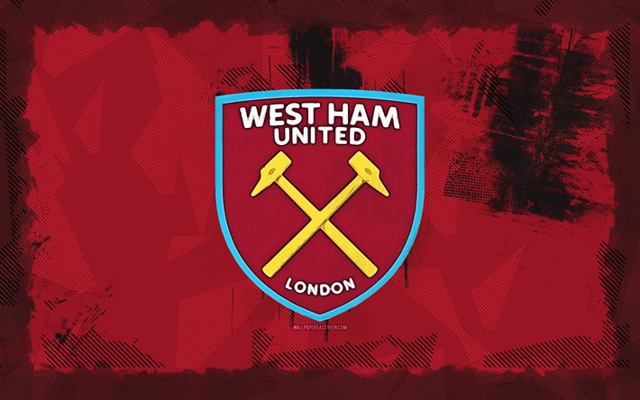 west ham united grunge  logo, 4k, premier league, lila grunge  hintergrund, fußball, west ham united emblem, west ham united logo, englischer fußballverein, west ham united fc