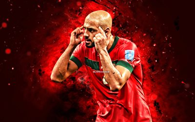 Sofyan Amrabat, 4k, red neon lights, Morocco National Football Team, soccer, footballers, red abstract background, Moroccan football team, Sofyan Amrabat 4K