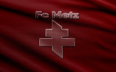 logo fc metz fabric, 4k, sfondo in tessuto rosso, ligue 1, bokeh, calcio, logo fc metz, emblema metz fc, fc metz, club di calcio francese, metz fc