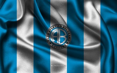 4k, CA Belgrano logo, blue white silk fabric, Argentina football team, CA Belgrano emblem, Argentina Primera Division, Club Atletico Belgrano, Argentina, football, CA Belgrano flag, soccer, Belgrano FC