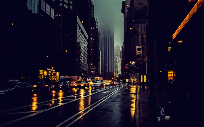 nueva york, noche, calles, taxi, rascacielos, lluvia, otoño, paisaje de la ciudad de nueva york, taxi de nueva york, eeuu