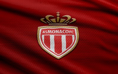 come logo monaco fabric, 4k, sfondo in tessuto rosso, ligue 1, bokeh, calcio, come logo monaco, come emblema monaco, come monaco, club di calcio francese, come monaco fc