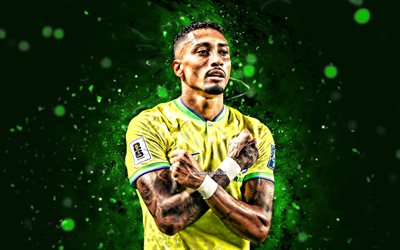 raphinha, 4k, vihreät neonvalot, brasilian maajoukkue, jalkapallo, jalkapalloilijat, vihreä abstrakti tausta, brasilian jalkapallojoukkue, raphinha 4k