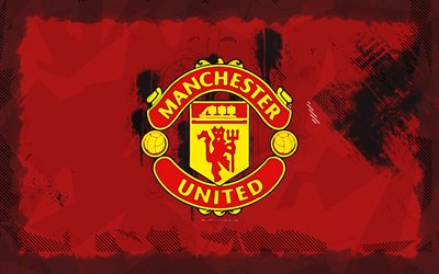 Manchester United grunge logo, 4k, Premier League, red grunge background, soccer, Manchester United emblem, football, Manchester United logo, english football club, Man United, Manchester United FC