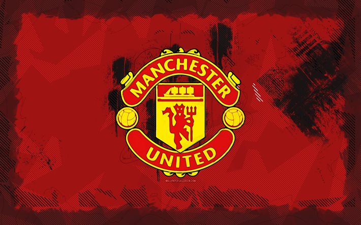 manchester united grunge  logotyp, 4k, elitserien, röd grunge bakgrund, fotboll, manchester united emblem, manchester united  logotyp, engelska fotbollsklubb, man united, manchester united fc