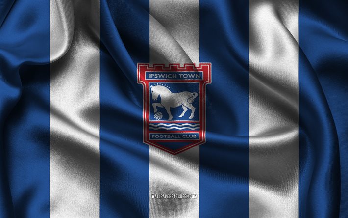 4k, logotipo de ipswich town fc, tela de seda blanca azul, equipo de fútbol inglés, ipswich town fc emblem, campeonato efl, ipswich town fc, inglaterra, fútbol americano, bandera de ipswich town fc, fútbol