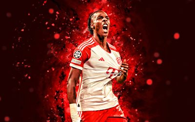 4k, Mathys Tel, goal, Bayern Munich FC, Bundesliga, red neon lights, french footballers, Mathys Tel 4k, soccer, red abstract background, Mathys Tel Bayern Munich