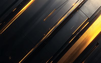 4k, sfondo astratto nero dorato, opera d'arte, progettazione dei materiali, luci al neon dorate, geometria, sfondi astratti, sfondi geometrici, astrazioni, sfondi hi tech neri