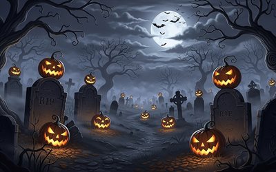 víspera de todos los santos, 4k, noche, cementerio, linternas de halloween, jack o linterna, calabazas, conceptos de halloween, linternas de calabaza, fondo de halloween