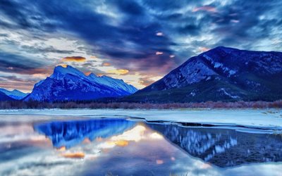 Canadá, invierno, montañas rocosas, lago, cubierto de nieve, campo, Alberta, bosque, Parque Nacional de Banff