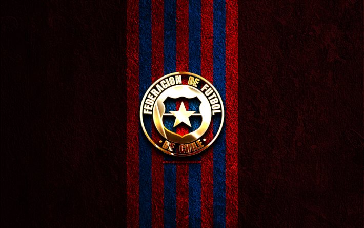 chilen jalkapallomaajoukkueen kultainen logo, 4k, punainen kivi tausta, conmebol, maajoukkueet, chilen jalkapallomaajoukkueen logo, jalkapallo, chilen jalkapallomaajoukkue