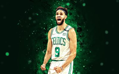 Derrick White, 4k, green neon lights, Boston Celtics, NBA, basketball, Derrick White 4K, green abstract background, Derrick White Boston Celtics