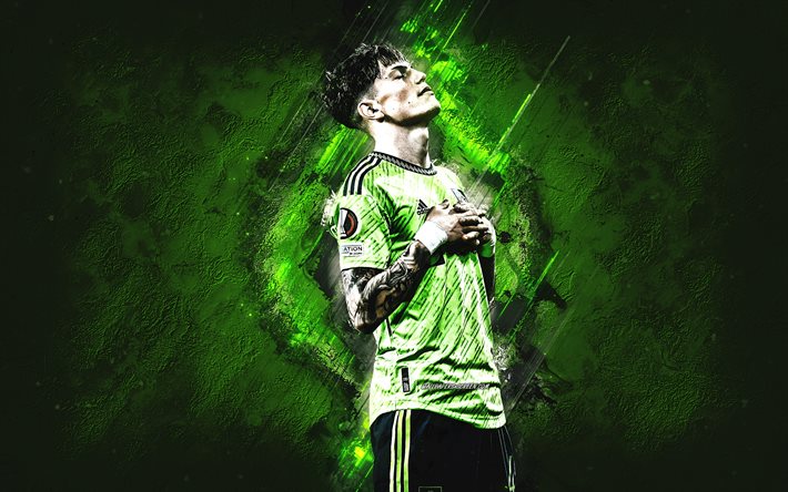 alejandro garnacho, manchester united fc, grön sten bakgrund, manchester united grön uniform, argentinsk fotbollsspelare, mittfältare, elitserien, england, fotboll
