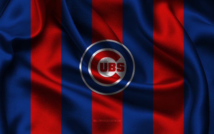 4k, logotipo do chicago cubs, tecido de seda azul vermelho, time de beisebol americano, emblema do chicago cubs, mlb, chicago cubs, eua, beisebol, bandeira do chicago cubs, liga principal de beisebol