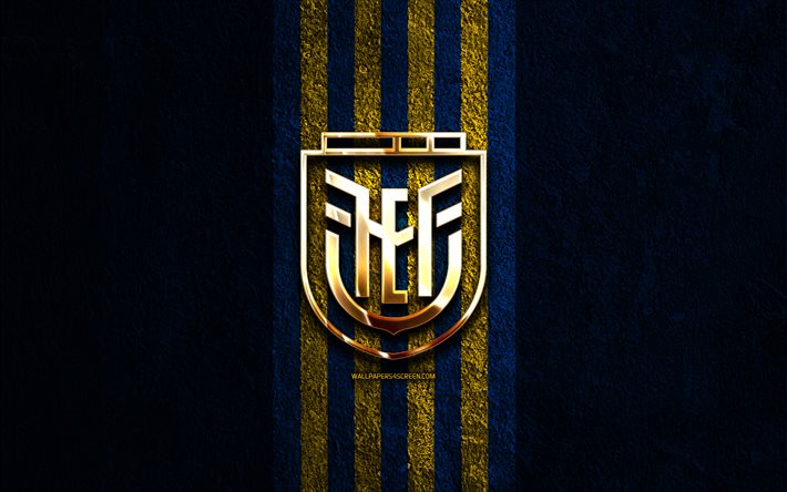 goldenes logo der ecuadorianischen fußballnationalmannschaft, 4k, hintergrund aus blauem stein, conmebol, nationalmannschaften, logo der ecuadorianischen fußballnationalmannschaft, fußball, ecuadorianische fußballmannschaft, ecuador fußballnationalmannschaft