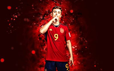 Gavi, 4k, red neon lights, Spain National Football Team, soccer, footballers, red abstract background, spanish football team, Gavi 4K