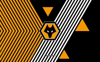 ウォルヴァーハンプトン ワンダラーズ fc のロゴ, 4k, イングランドのサッカーチーム, オレンジ色の黒い線の背景, ウォルヴァーハンプトン・ワンダラーズfc, プレミアリーグ, イングランド, 線画, ウォルヴァーハンプトン ワンダラーズ fc のエンブレム, フットボール, オオカミ