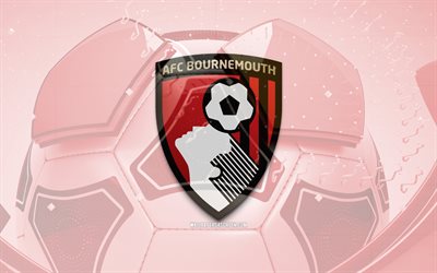 Bournemouth FC glossy logo, 4K, red football background, Premier League, soccer, english football club, Bournemouth FC 3D logo, Bournemouth FC emblem, Bournemouth FC, football, sports logo, AFC Bournemouth