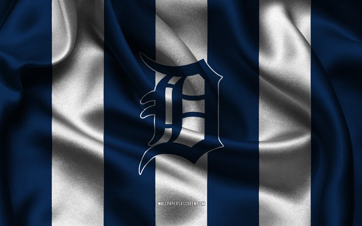 4k, logo dei detroit tigers, tessuto di seta blu bianco, squadra di baseball americana, emblema dei detroit tigers, mlb, tigri di detroit, stati uniti d'america, baseball, bandiera dei detroit tigers, major league baseball