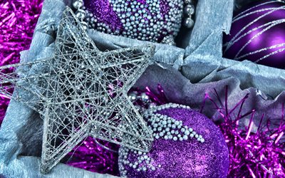 4k, etoile d'argent de noël, fond de noël violet, boules de noel violettes, joyeux noël, bonne année, décorations de noël